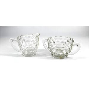 Vintage Clear Pressed Glass Creamer & Sugar Bowl Set – Diamond Pattern